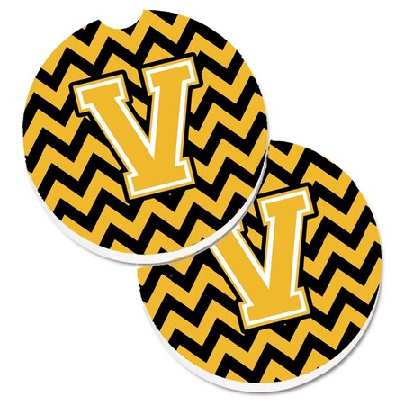 Carolines Treasures Letter V Chevron Black and Gold  Cup Holder Car Coaster, PK2 CJ1053-VCARC